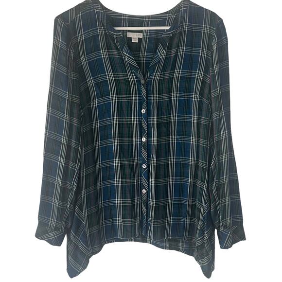 J. Jill Women's Size Small Green Blue Plaid Button Up Blouse - Picture 1 of 8